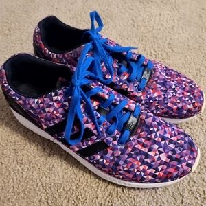 M11.5, Adidas Torsion XZ Flux Colorful Purple Geometric Sneakers with Blue Laces